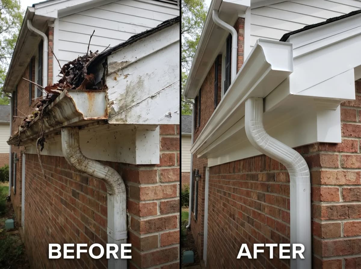 Before and after gutter replacement comparison