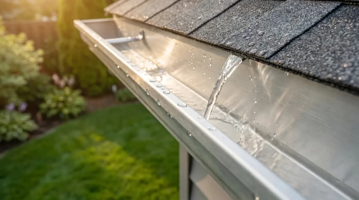 Close-up of clean seamless gutter on roofline